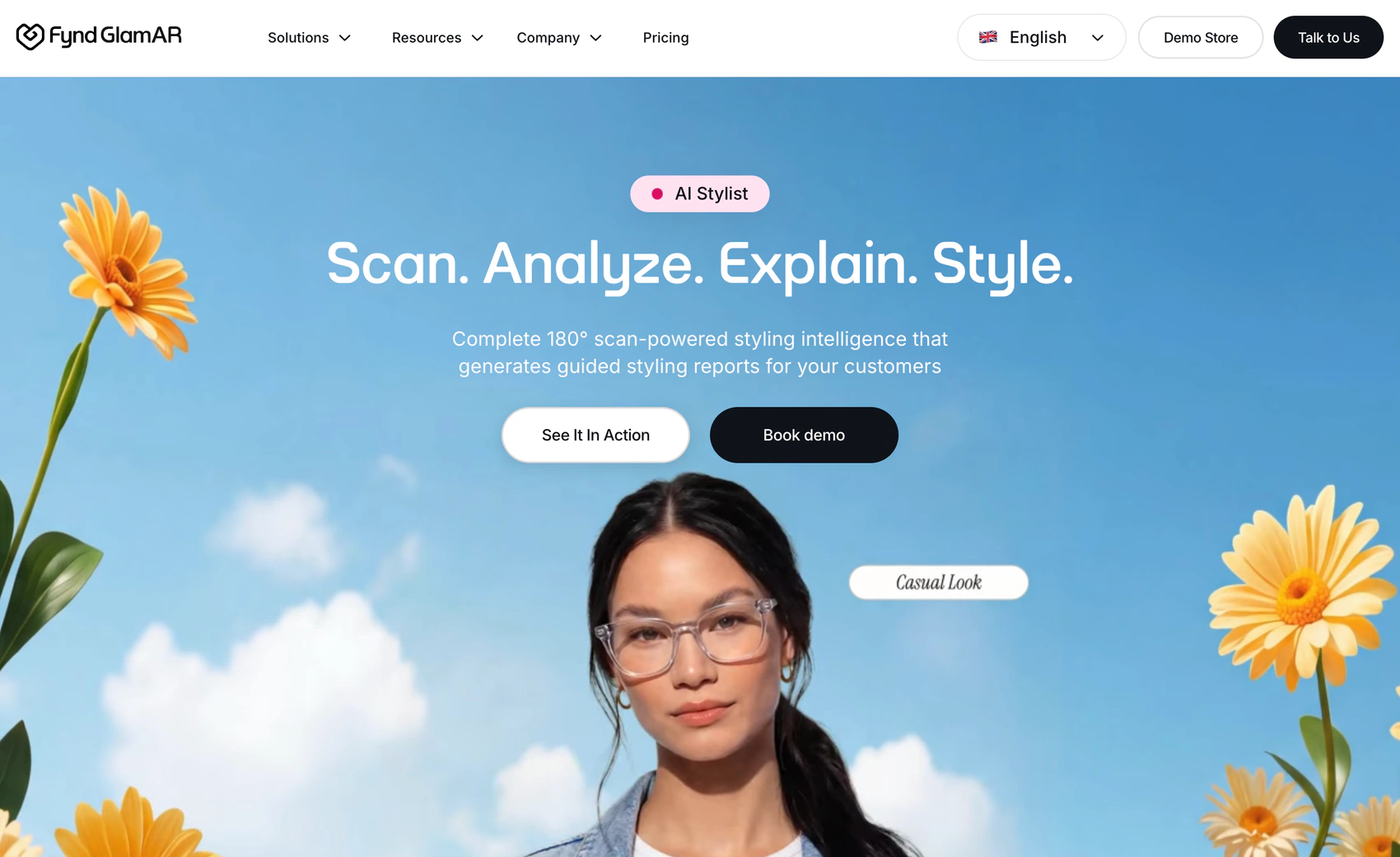 GlamAR AI Stylist page with the headline Scan. Analyze. Explain. Style.