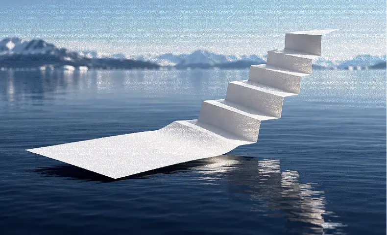 A sheet of paper taking the shape of a staircase above still water
