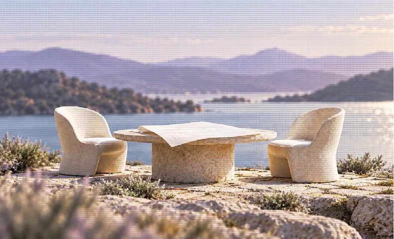Two chairs and a stone table overlooking a quiet lake and mountains