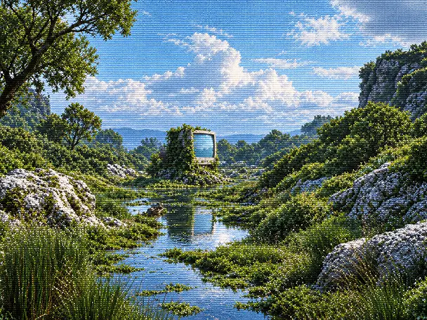 ASCII landscape with a reflective stream and a stone arch between green hills