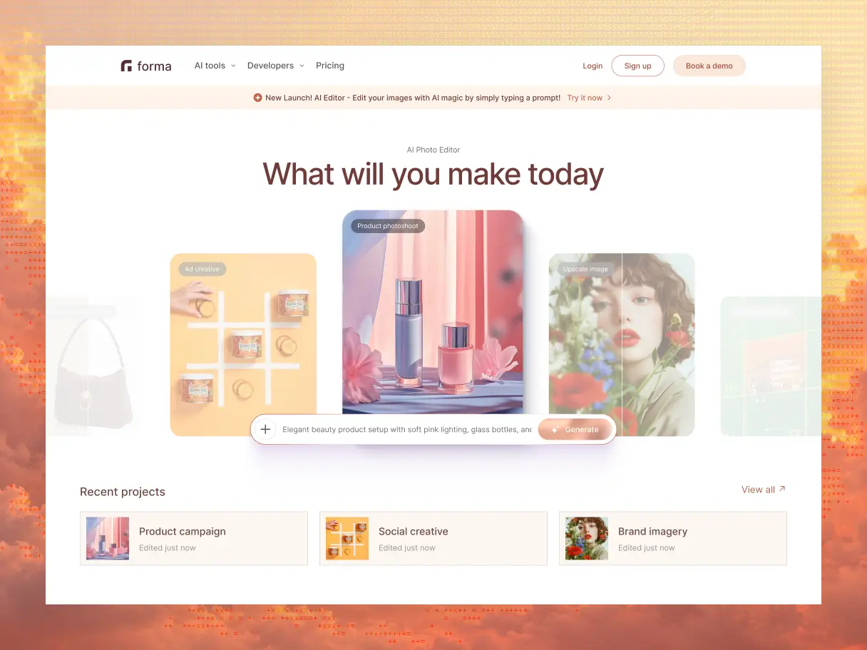 Forma photo-editor website showing its product tools and recent projects